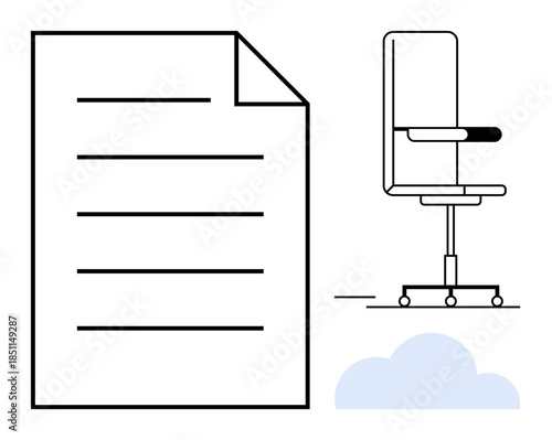 Business operations, office work, document organization, workplace setup, record keeping, graphic design. Minimalist office chair adjacent to a paper sheet. Business operations and office work