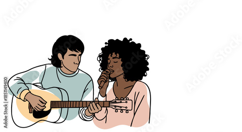 Young Diverse Couple Performing Music Duet with Guitar Vector