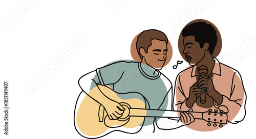 Two Male Friends Playing Guitar and Singing Duet Vector