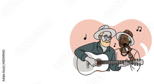 Elderly Interracial Couple Playing Guitar and Singing Vector Art