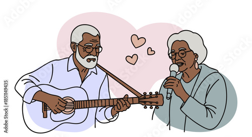 Senior Black Couple Singing and Playing Guitar in Love Vector