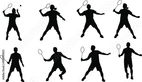 Badminton player silhouette, vector illustration, sports action poses, racket swing, shuttlecock hit, athletic movement, black figure, dynamic stance, isolated on white