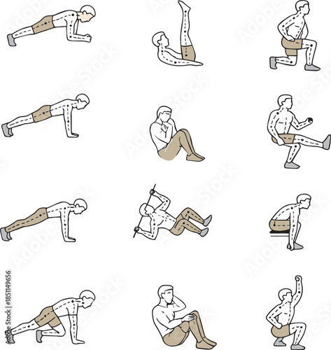 Set of 12 different bodyweight exercises for fitness training, including plank variations, crunches, leg raises, squats, and lunges, illustrated as simple line drawings on a