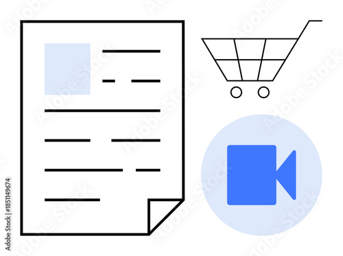 Digital tools, e-commerce, content creation, online shopping, file storage, multimedia sharing. Document outline, shopping cart blue video symbol. Digital tools and e-commerce concept