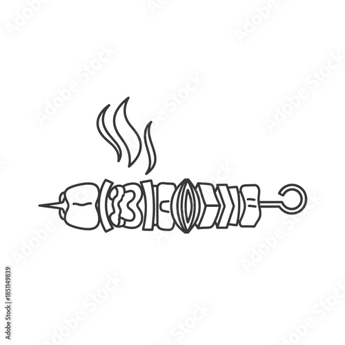 Skewered grilled meat with flames cooking