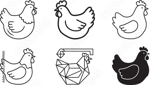 Domestic Chicken Hen Bird Icon Set for Poultry Farming Livestock Agriculture and Organic Egg Production Featuring Outline and Silhouette Design Styles