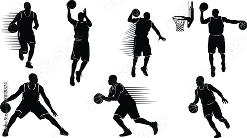 Basketball, silhouette, player, action, dunk, dribble, jump, shoot, hoop, motion, athletic, sport, energy, pose, cad drawing flat vector illustration