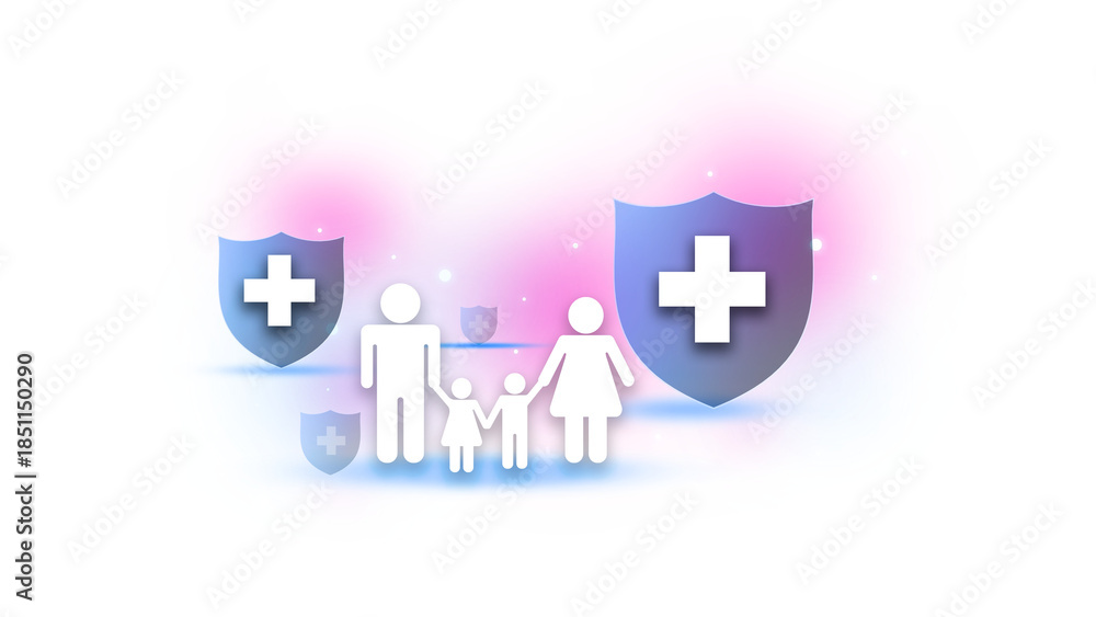 Fototapeta premium Health cover concept family icon in frame covering plus sign. Health insurance and medical welfare concept. Future healthcare planning. Isolated on transparent background,