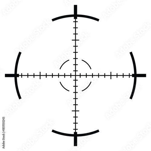 Segmented scope crosshair with measurement scale, technical aiming and calibration symbol for HUD overlays, scanning systems and performance monitoring