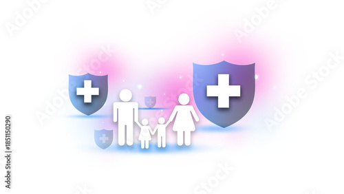 Health cover concept family icon in frame covering plus sign. Health insurance and medical welfare concept. Future healthcare planning. Isolated on transparent background,