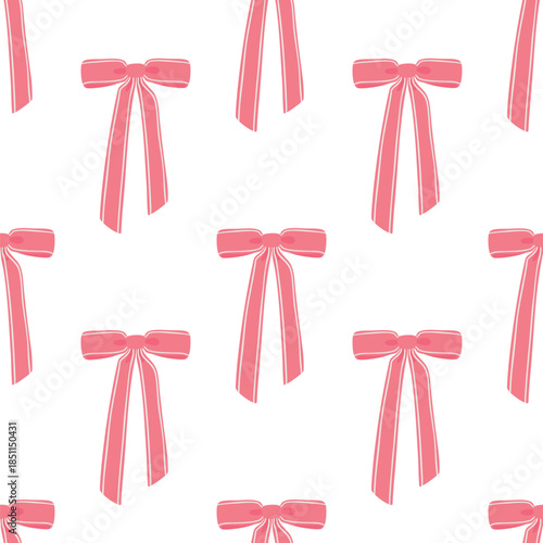 Vector pattern with cute flirty bow. Seamless trendy background with pink ribbons. Silly Classic flat bow with decorative stripes. Great for packaging design, fabric, textile and stationery.