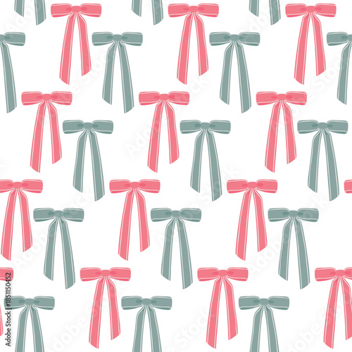 Vector pattern with cute flirty bow. Seamless trendy background with pink and blue pastel ribbons. Classic flat bow with decorative stripes. Great for packaging design, fabric, textile and stationery.