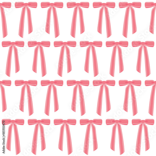 Vector pattern with cute flirty bow. Seamless trendy background with pink ribbons. Silly Classic flat bow with decorative stripes. Great for packaging design, fabric, textile and stationery.