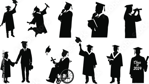 Graduation silhouettes, diverse graduates, caps and gowns, diploma celebration, wheelchair graduate, proud moment, academic success, unity, achievement, cad drawing flat vector illustration