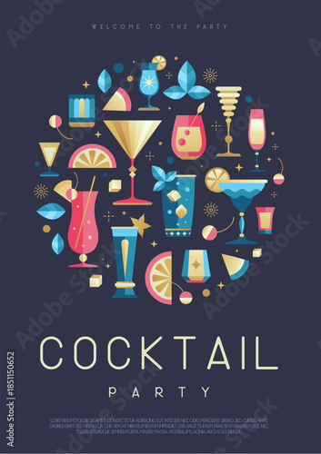 Holiday cocktail party poster or banner with cocktail and champagne glasses. Restaurant menu design. Vector illustration