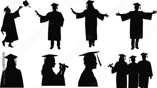 Graduation silhouettes, students celebrating, caps and gowns, diploma holders, academic achievement, proud graduates, education success, unity, joy, cad drawing flat vector illustration