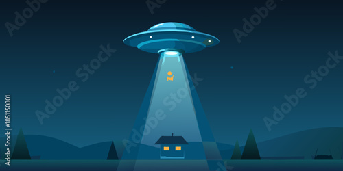 A glowing unidentified flying object illuminates a small house at night