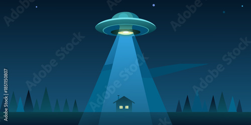 A glowing ufo illuminates a small house and dark silhouetted trees