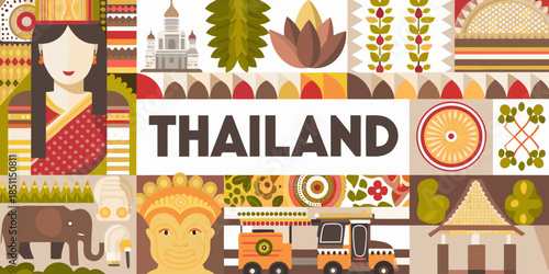 A colorful illustration showcasing iconic landmarks and cultural elements of thailand