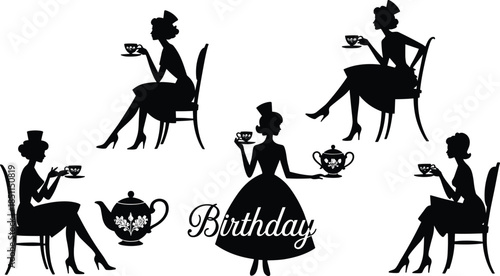 Vintage tea party, birthday celebration, elegant woman silhouette, teacup style, high fashion, classy event, feminine moment, retro charm, drink

 flat vector illustration