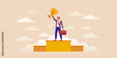 A businessman celebrates victory on a golden podium raising a trophy high