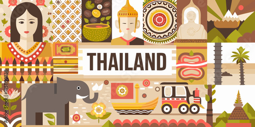 A vibrant illustration showcasing thailand s culture landmarks and iconic elements