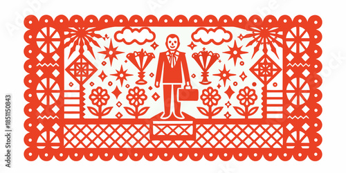 A vibrant red papel picado depicting a businessman with celebratory symbols