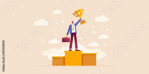A businessman celebrates success raising a golden trophy on a podium