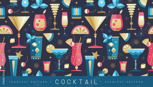 Holiday seamless pattern with cocktails, fruits, and champagne glasses. Restaurant menu design. Cocktail background. Vector illustration