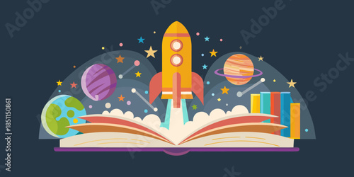 A rocket launching from an open book amidst planets and stars