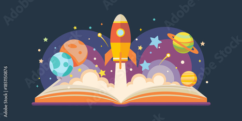A rocket launching from an open book into a colorful cosmic scene