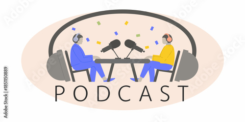 Two people recording a podcast in a studio setting headphones and microphone