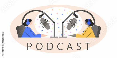Two people hosting a podcast with microphones and headphones illustration