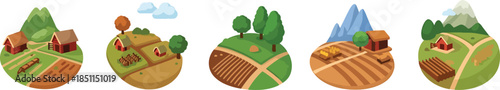 Beautiful 3D Isometric Farm Landscape Illustration Collection with Red Barns Green Fields Mountains and Rural Countryside Scenes for Agricultural Branding