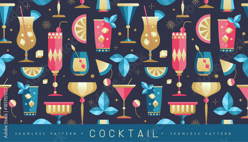 Holiday seamless pattern with cocktails, fruits, and champagne glasses. Restaurant menu design. Cocktail background. Vector illustration