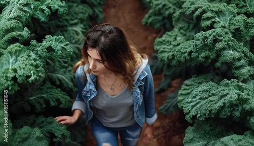 Woman explores lush green foliage overhead perspective