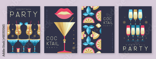Set of holiday cocktail party posters with cocktail and champagne glasses. Restaurant menu design. Vector illustration