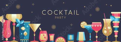 Holiday cocktail party poster or banner with cocktail and champagne glasses. Restaurant menu design. Vector illustration