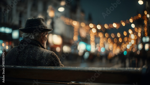 Elderly man sits alone on street bench in city against bright holiday lights. He looks sad and cold amid festive decorations, symbolizing loneliness during Christmas and social issues.