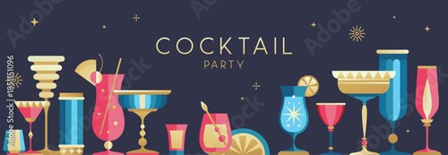 Holiday cocktail party poster or banner with cocktail and champagne glasses. Restaurant menu design. Vector illustration