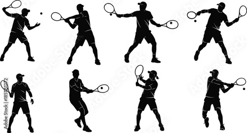 Tennis player silhouette, vector illustration, forehand and backhand poses, sports action, dynamic movement, racket swing, athletic form, training concept, isolated design
