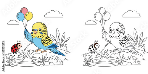 Cute cartoon budgie bird holding balloons and ladybug friend vector illustration featuring a happy parakeet near a water puddle with nature background