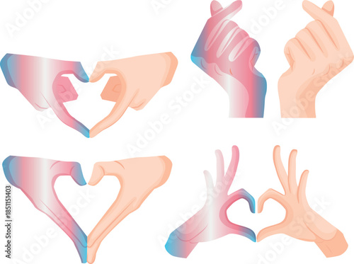 set of icons of hands folded in a gesture of love where one hand is in the colors of transgender pride, as a symbol of love, equality and self-expression
