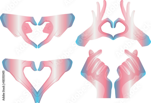set of icons of various hands where fingers are folded into a heart shape where hands are in the colors of transgender pride, as a symbol of love, equality and self-expression
