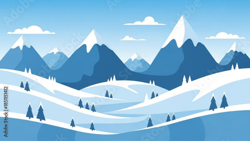 Snowy Mountain Landscape with Trees and Hills in Winter Scene