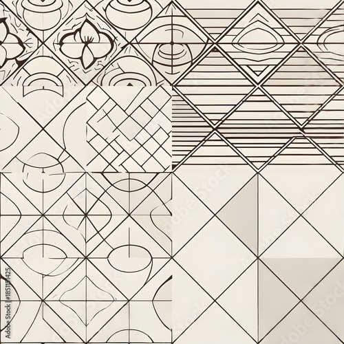 Minimal abstract geometric pattern with thin black lines and tile grid composition on light background, modern linear design suitable for architecture and decor