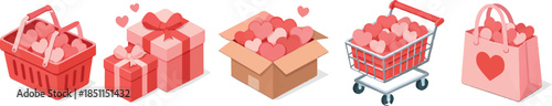 set of boxes, baskets, packages with pink hearts lying in them, as a symbol of delivery, sending or designs for Valentine's Day