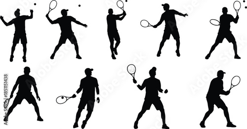 Tennis player silhouette, vector illustration, sports action, dynamic movement, forehand and backhand poses, athletic training, racket swing, isolated design, competitive stance
