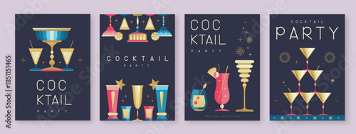 Set of holiday cocktail party posters with cocktail and champagne glasses. Restaurant menu design. Vector illustration