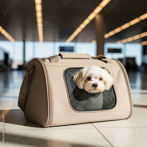 Small dog in soft sided travel carrier at airport terminal